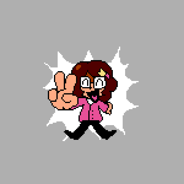 Chloe taunts in the style of Pizza Tower, consisting of a peace sign, a close to the camera expression, a nerd outfit, a shrug, and smoking a fat blunt (funny)