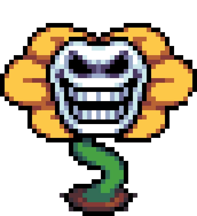 An animated sprite of Flowey from UNDERTALE laughing