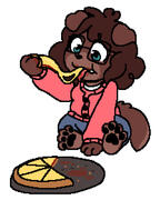 A drawing of my sona sitting on the floor enjoying a pizza