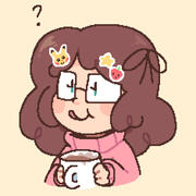 A drawing of my human sona in a pink sweater with stickers in her hair and a nice cup of tea