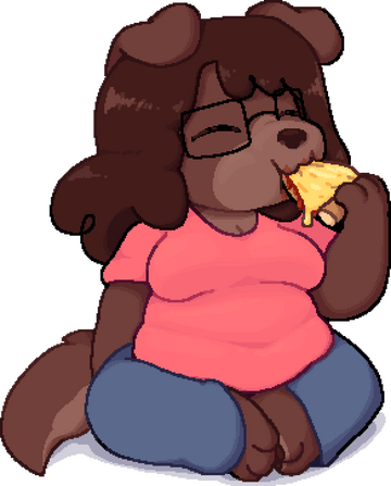 Chloe Pizza My sona as a dog sitting down and eating a slice of pizza
